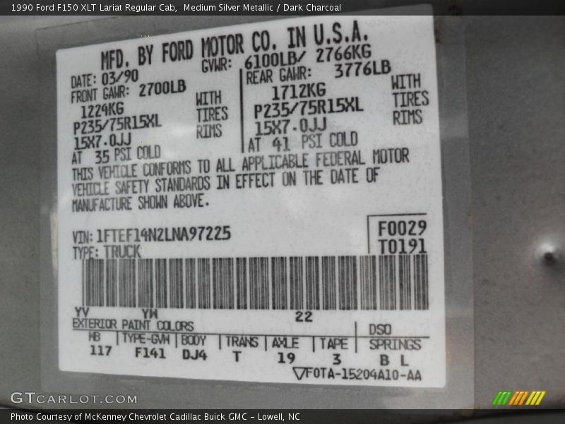 1990 F150 XLT Lariat Regular Cab Medium Silver Metallic Color Code YV