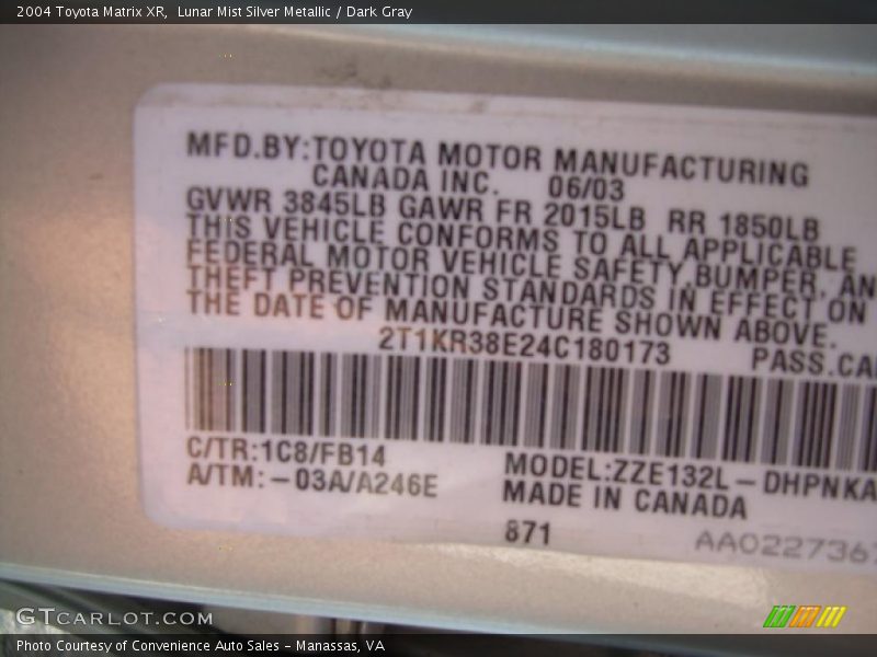 Lunar Mist Silver Metallic / Dark Gray 2004 Toyota Matrix XR