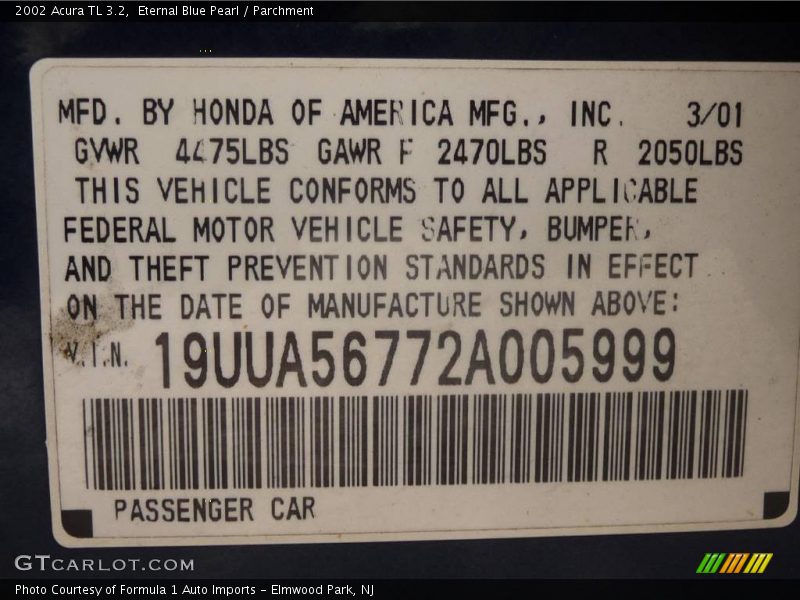 Eternal Blue Pearl / Parchment 2002 Acura TL 3.2