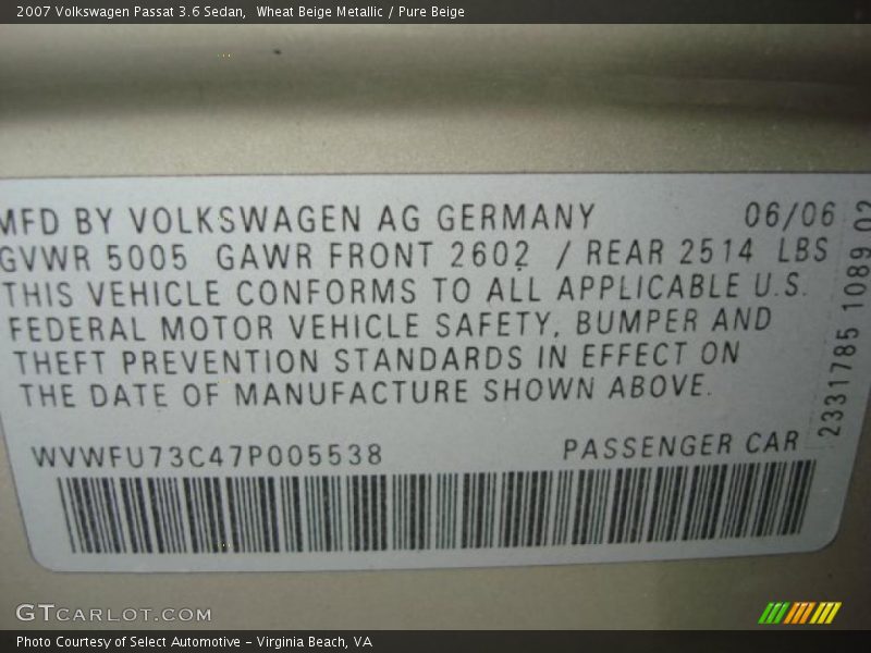 Wheat Beige Metallic / Pure Beige 2007 Volkswagen Passat 3.6 Sedan