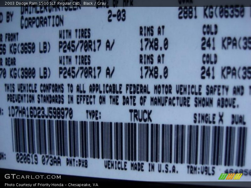 Black / Gray 2003 Dodge Ram 1500 SLT Regular Cab