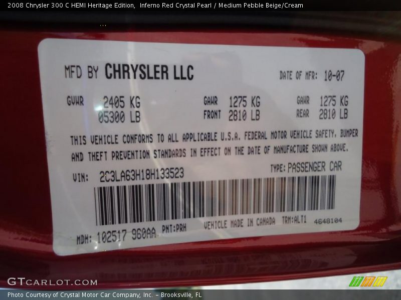 2008 300 C HEMI Heritage Edition Inferno Red Crystal Pearl Color Code PRH