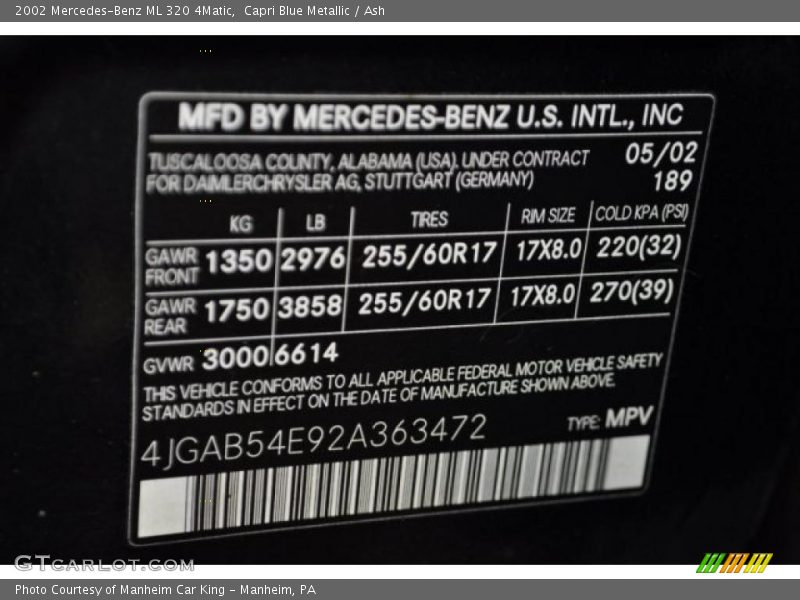 Capri Blue Metallic / Ash 2002 Mercedes-Benz ML 320 4Matic