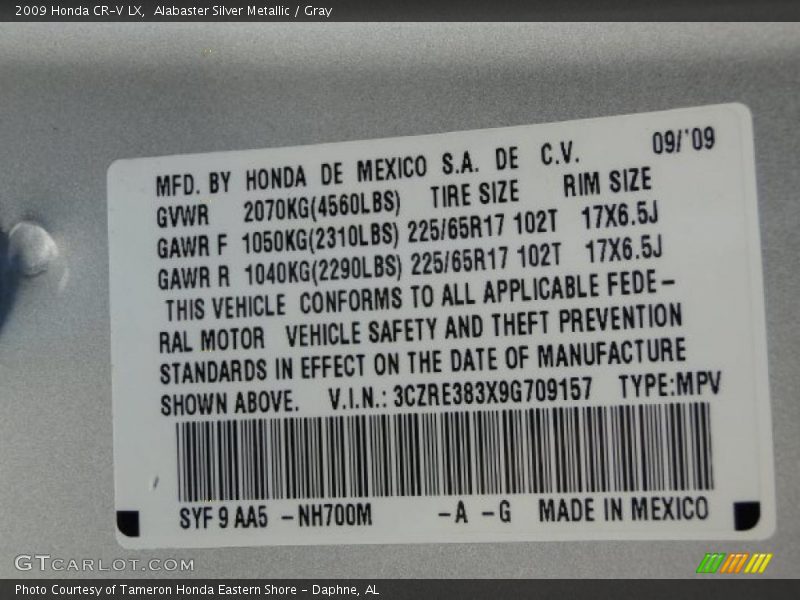 2009 CR-V LX Alabaster Silver Metallic Color Code NH700M