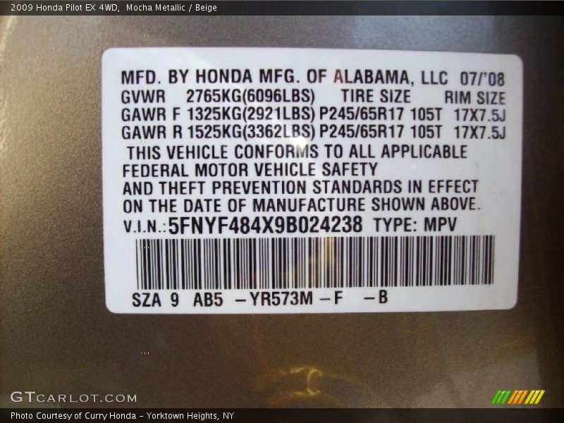 2009 Pilot EX 4WD Mocha Metallic Color Code YR573M