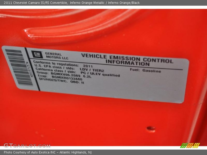 Info Tag of 2011 Camaro SS/RS Convertible