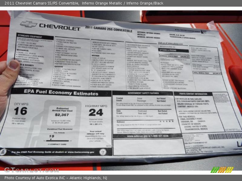 2011 Camaro SS/RS Convertible Window Sticker