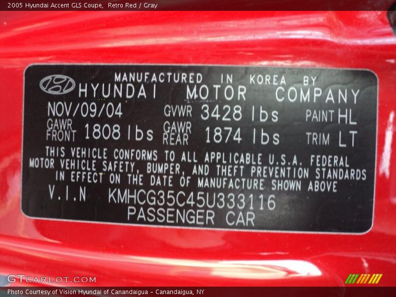 2005 Accent GLS Coupe Retro Red Color Code HL