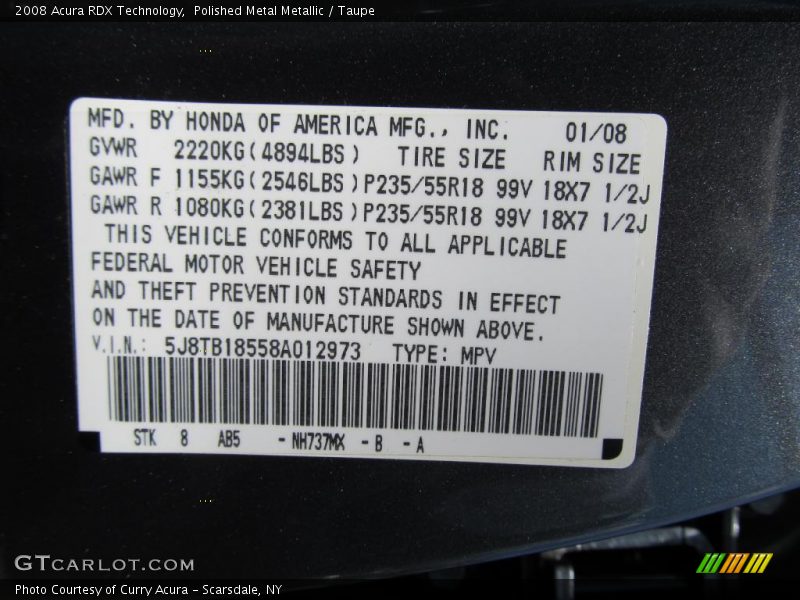 Polished Metal Metallic / Taupe 2008 Acura RDX Technology