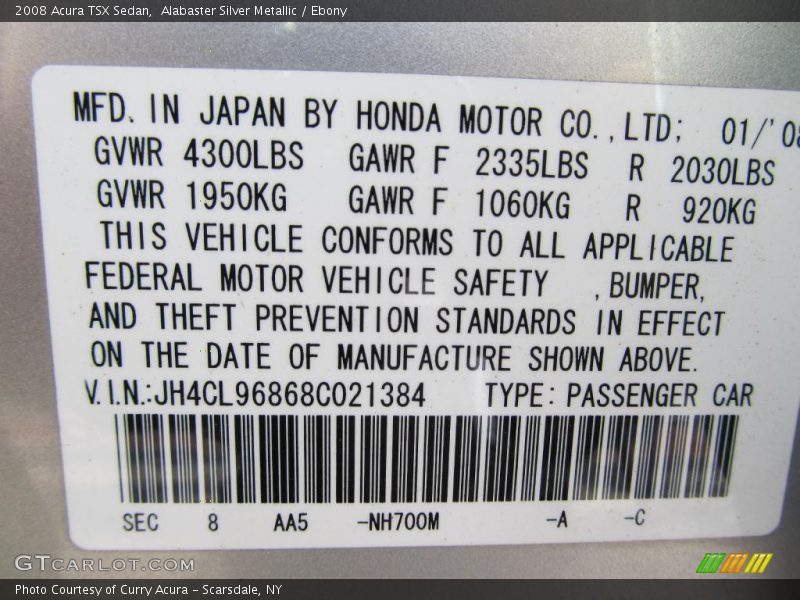 Alabaster Silver Metallic / Ebony 2008 Acura TSX Sedan