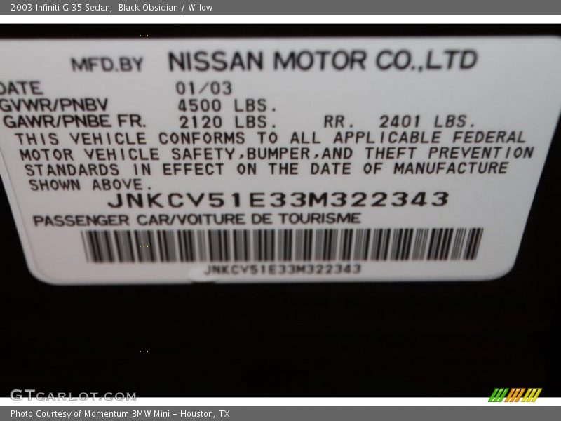 Black Obsidian / Willow 2003 Infiniti G 35 Sedan