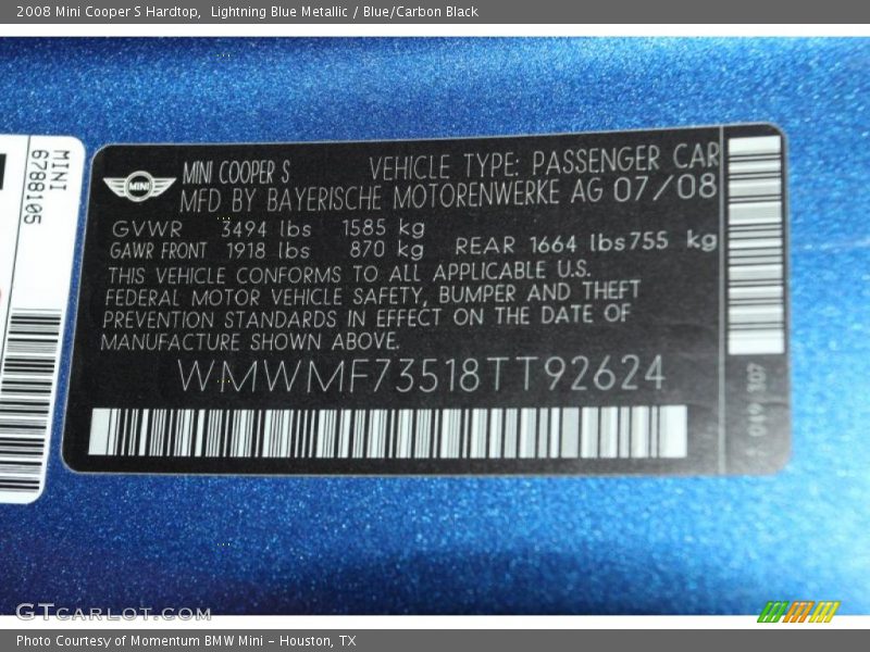 Lightning Blue Metallic / Blue/Carbon Black 2008 Mini Cooper S Hardtop