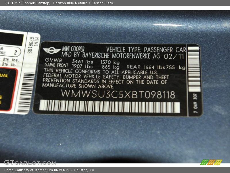 Horizon Blue Metallic / Carbon Black 2011 Mini Cooper Hardtop
