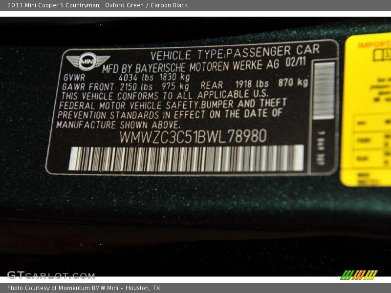 Oxford Green / Carbon Black 2011 Mini Cooper S Countryman