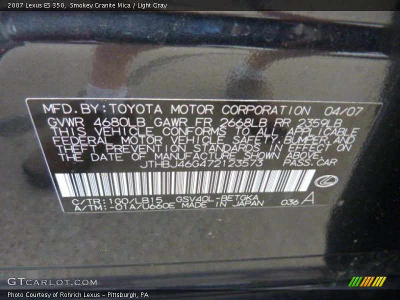 Smokey Granite Mica / Light Gray 2007 Lexus ES 350