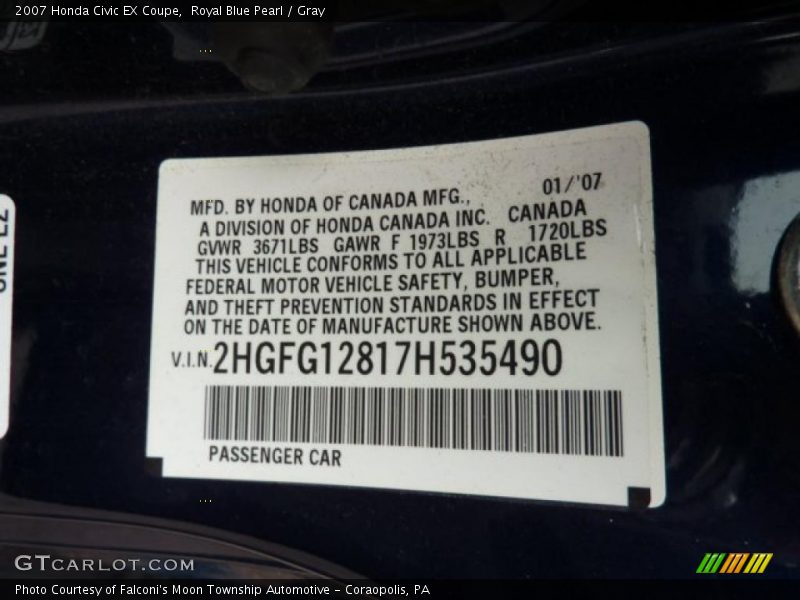 Royal Blue Pearl / Gray 2007 Honda Civic EX Coupe