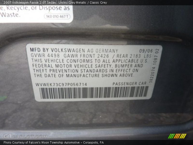 United Grey Metallic / Classic Grey 2007 Volkswagen Passat 2.0T Sedan