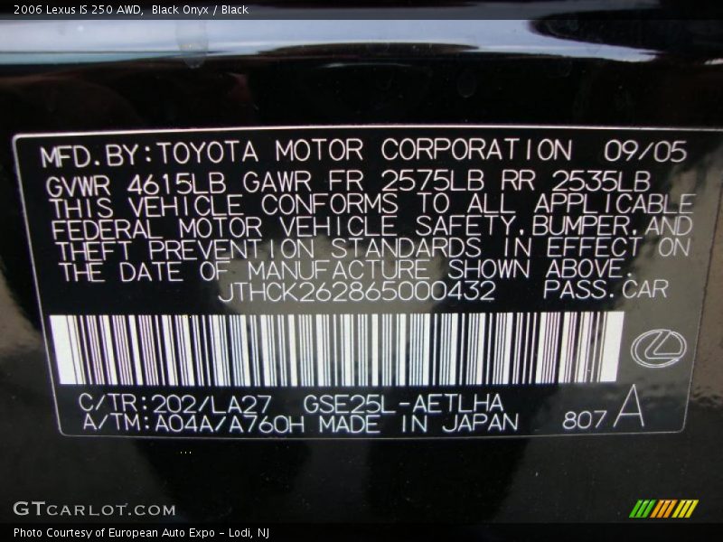 Black Onyx / Black 2006 Lexus IS 250 AWD