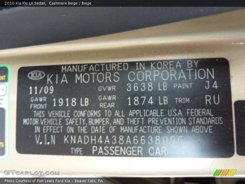 2010 Rio LX Sedan Cashmere Beige Color Code J4