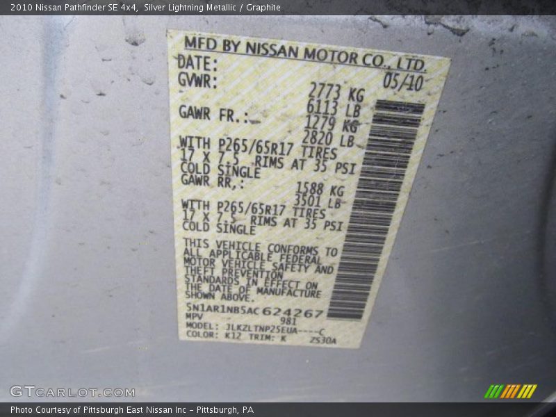 Silver Lightning Metallic / Graphite 2010 Nissan Pathfinder SE 4x4