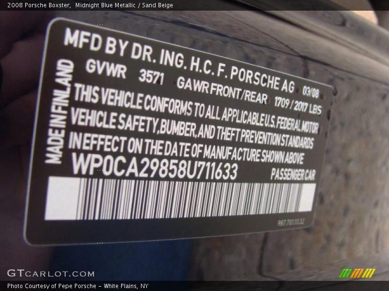 Info Tag of 2008 Boxster 