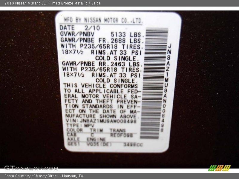 Tinted Bronze Metallic / Beige 2010 Nissan Murano SL