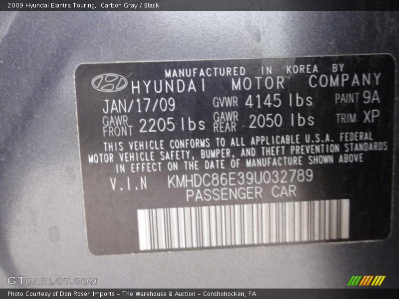 2009 Elantra Touring Carbon Gray Color Code 9A