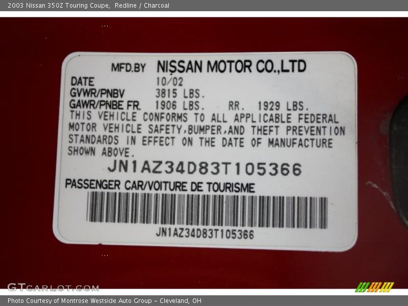 Redline / Charcoal 2003 Nissan 350Z Touring Coupe