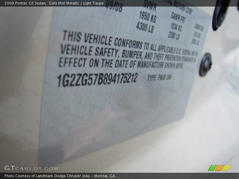 Gold Mist Metallic / Light Taupe 2009 Pontiac G6 Sedan
