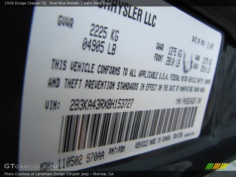Steel Blue Metallic / Dark Slate Gray 2008 Dodge Charger SE