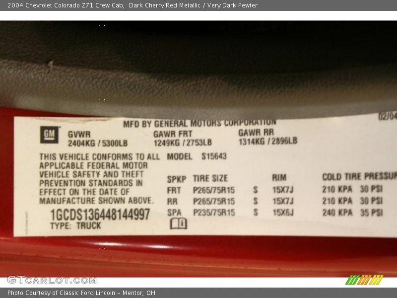 Dark Cherry Red Metallic / Very Dark Pewter 2004 Chevrolet Colorado Z71 Crew Cab