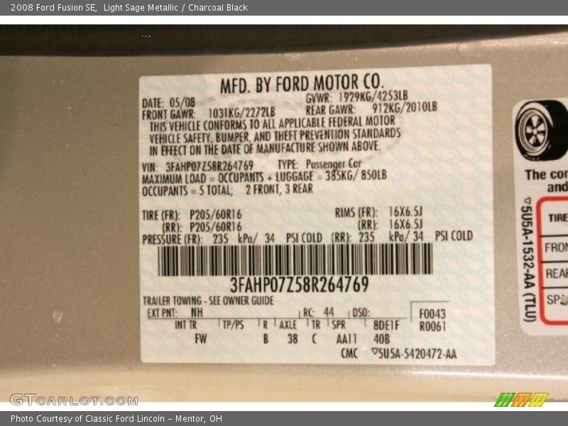 Light Sage Metallic / Charcoal Black 2008 Ford Fusion SE