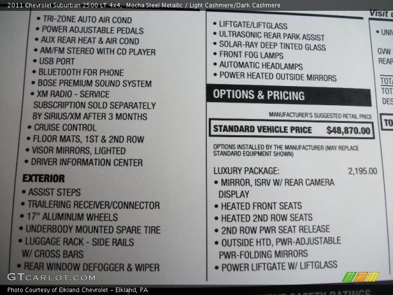  2011 Suburban 2500 LT 4x4 Window Sticker