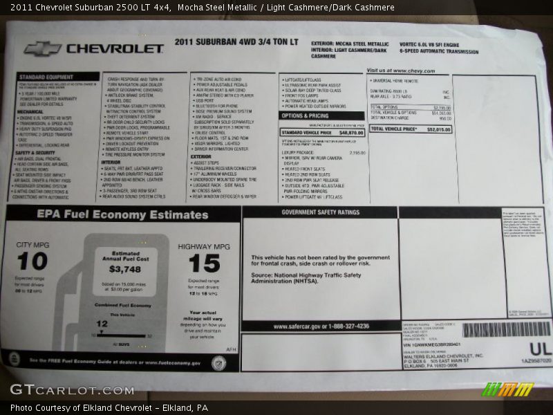  2011 Suburban 2500 LT 4x4 Window Sticker