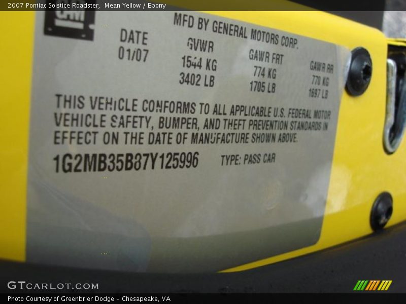 Info Tag of 2007 Solstice Roadster