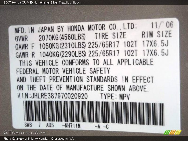 Whistler Silver Metallic / Black 2007 Honda CR-V EX-L