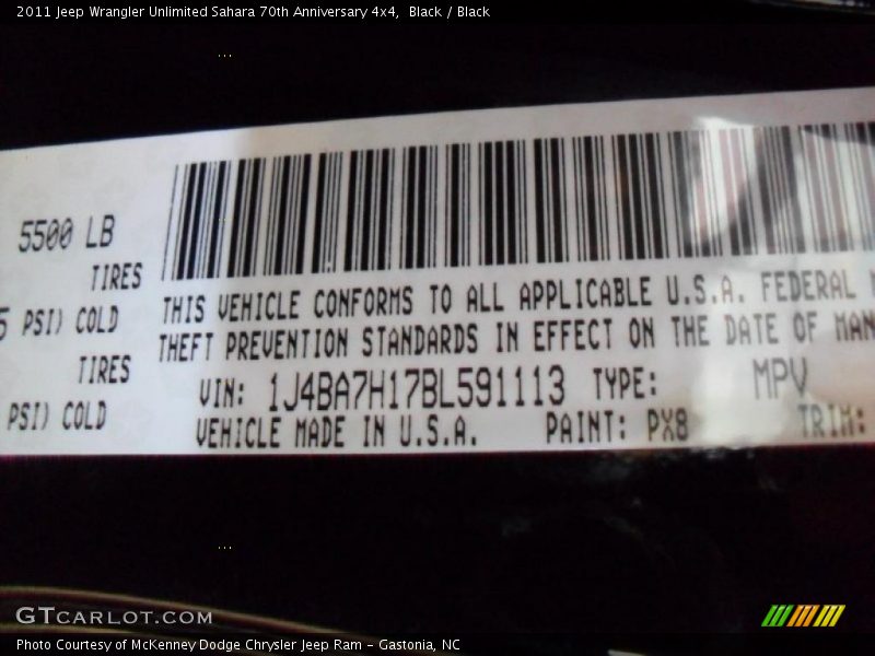 2011 Wrangler Unlimited Sahara 70th Anniversary 4x4 Black Color Code PX8