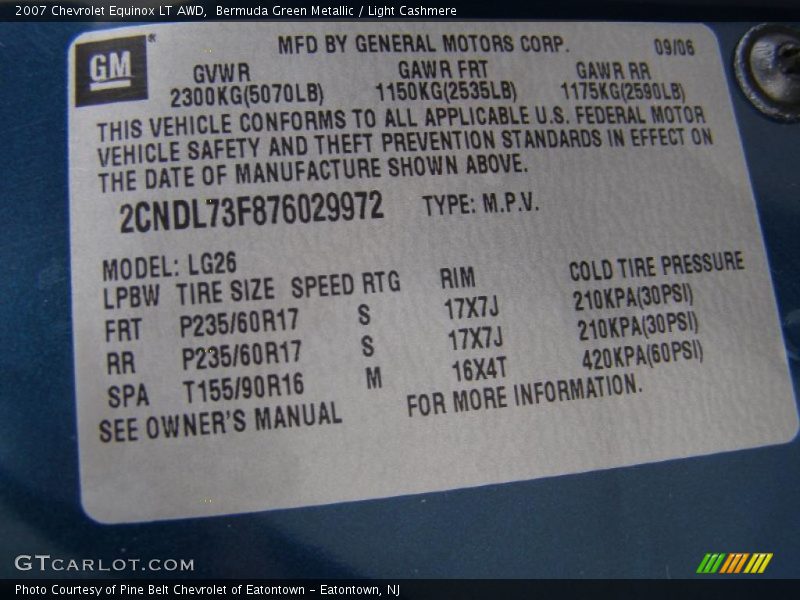 Bermuda Green Metallic / Light Cashmere 2007 Chevrolet Equinox LT AWD