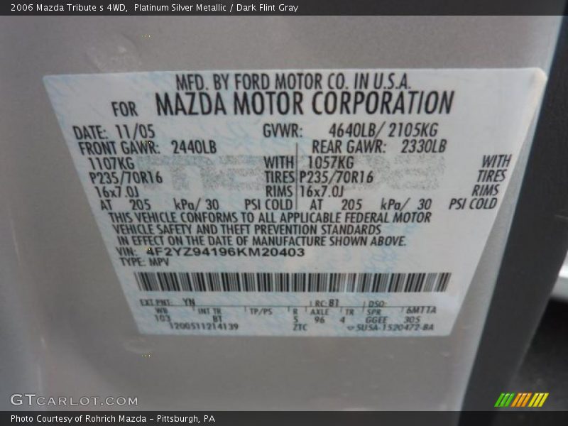 Platinum Silver Metallic / Dark Flint Gray 2006 Mazda Tribute s 4WD