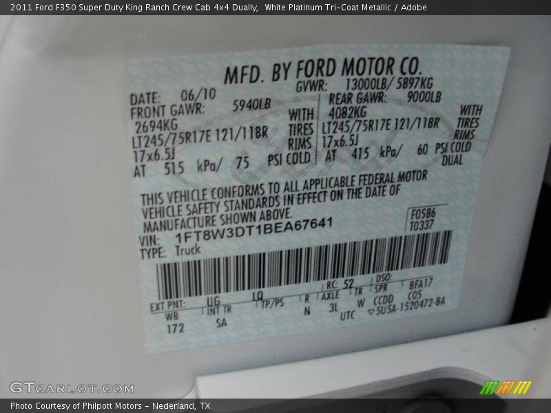 2011 F350 Super Duty King Ranch Crew Cab 4x4 Dually White Platinum Tri-Coat Metallic Color Code UG