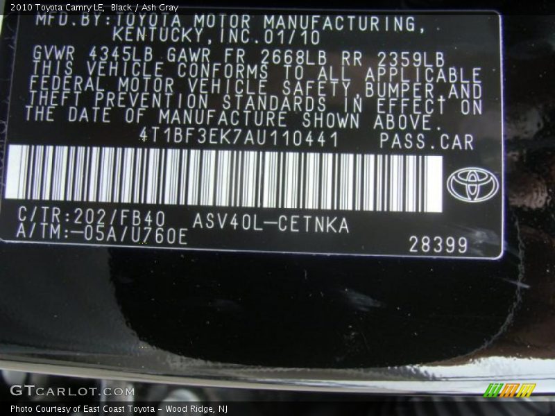 Black / Ash Gray 2010 Toyota Camry LE