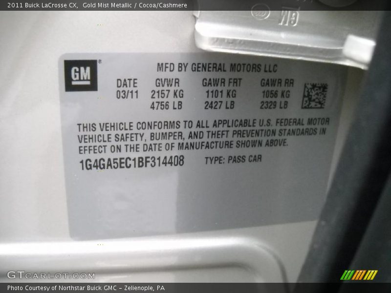 Gold Mist Metallic / Cocoa/Cashmere 2011 Buick LaCrosse CX