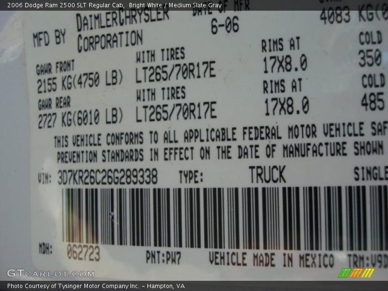 2006 Ram 2500 SLT Regular Cab Bright White Color Code PW7