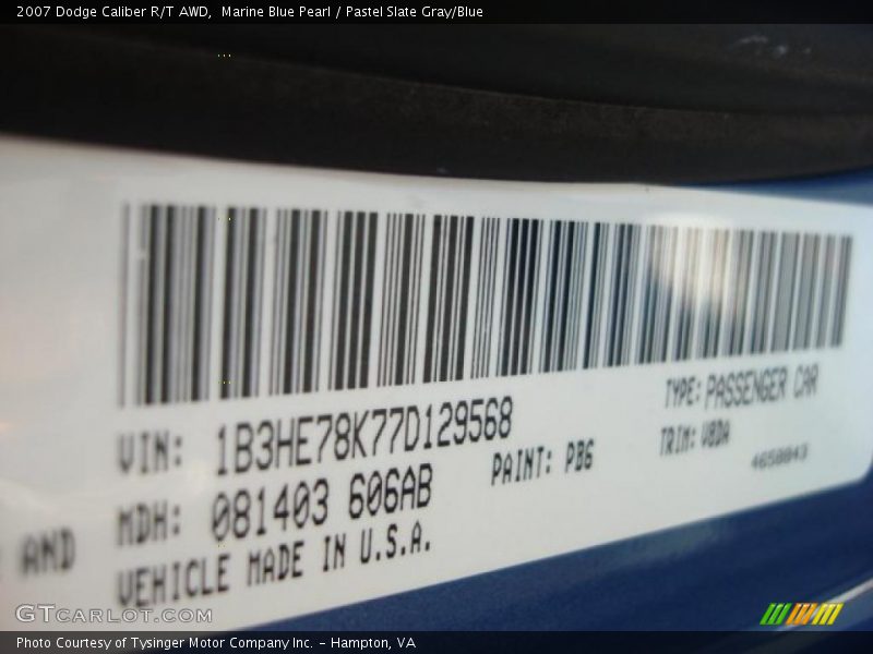 Marine Blue Pearl / Pastel Slate Gray/Blue 2007 Dodge Caliber R/T AWD