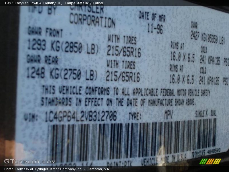 Taupe Metallic / Camel 1997 Chrysler Town & Country LXi