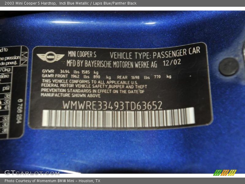 Indi Blue Metallic / Lapis Blue/Panther Black 2003 Mini Cooper S Hardtop