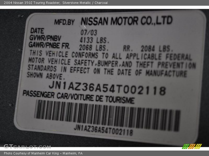 Silverstone Metallic / Charcoal 2004 Nissan 350Z Touring Roadster