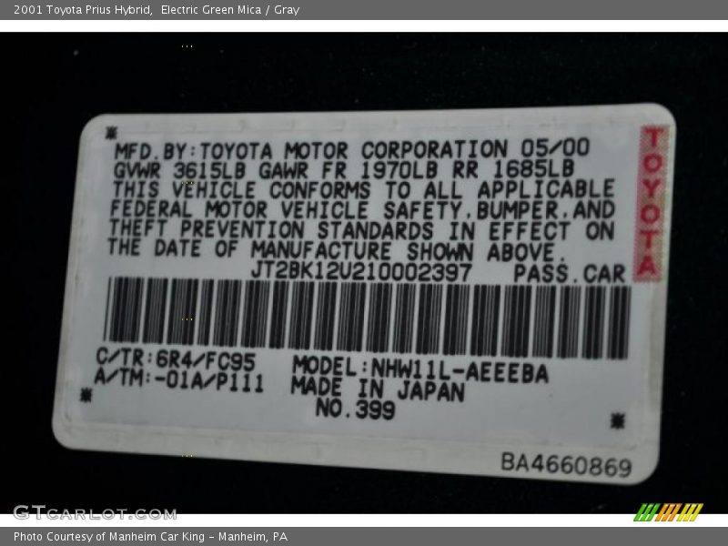 2001 Prius Hybrid Electric Green Mica Color Code 6R4