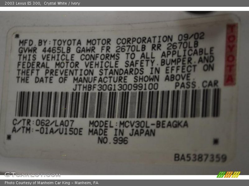 Crystal White / Ivory 2003 Lexus ES 300