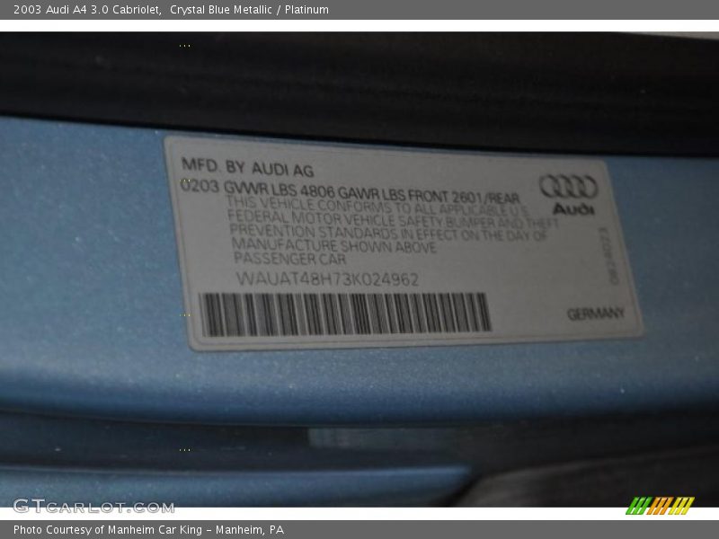 Crystal Blue Metallic / Platinum 2003 Audi A4 3.0 Cabriolet